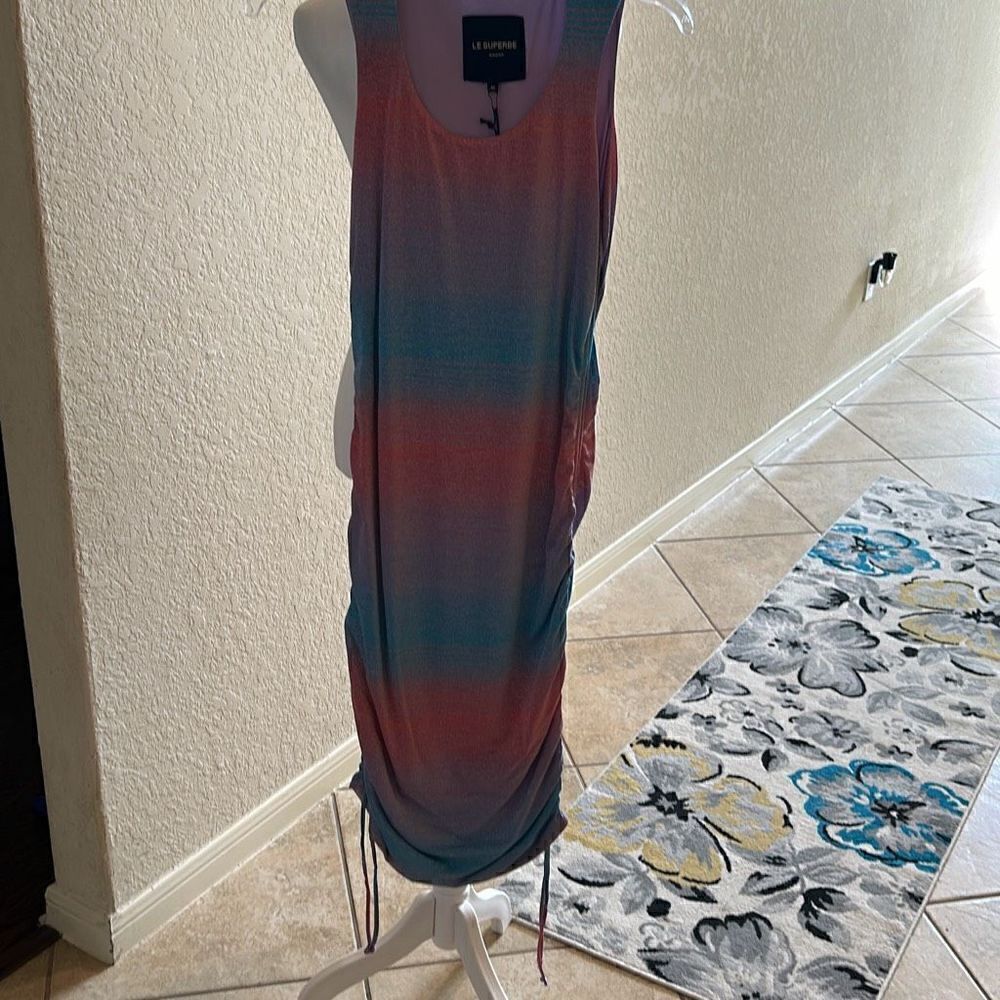 Le Superbe Womens Medium Baccara Metallic Tank Dress Blue Purple Striped NWT